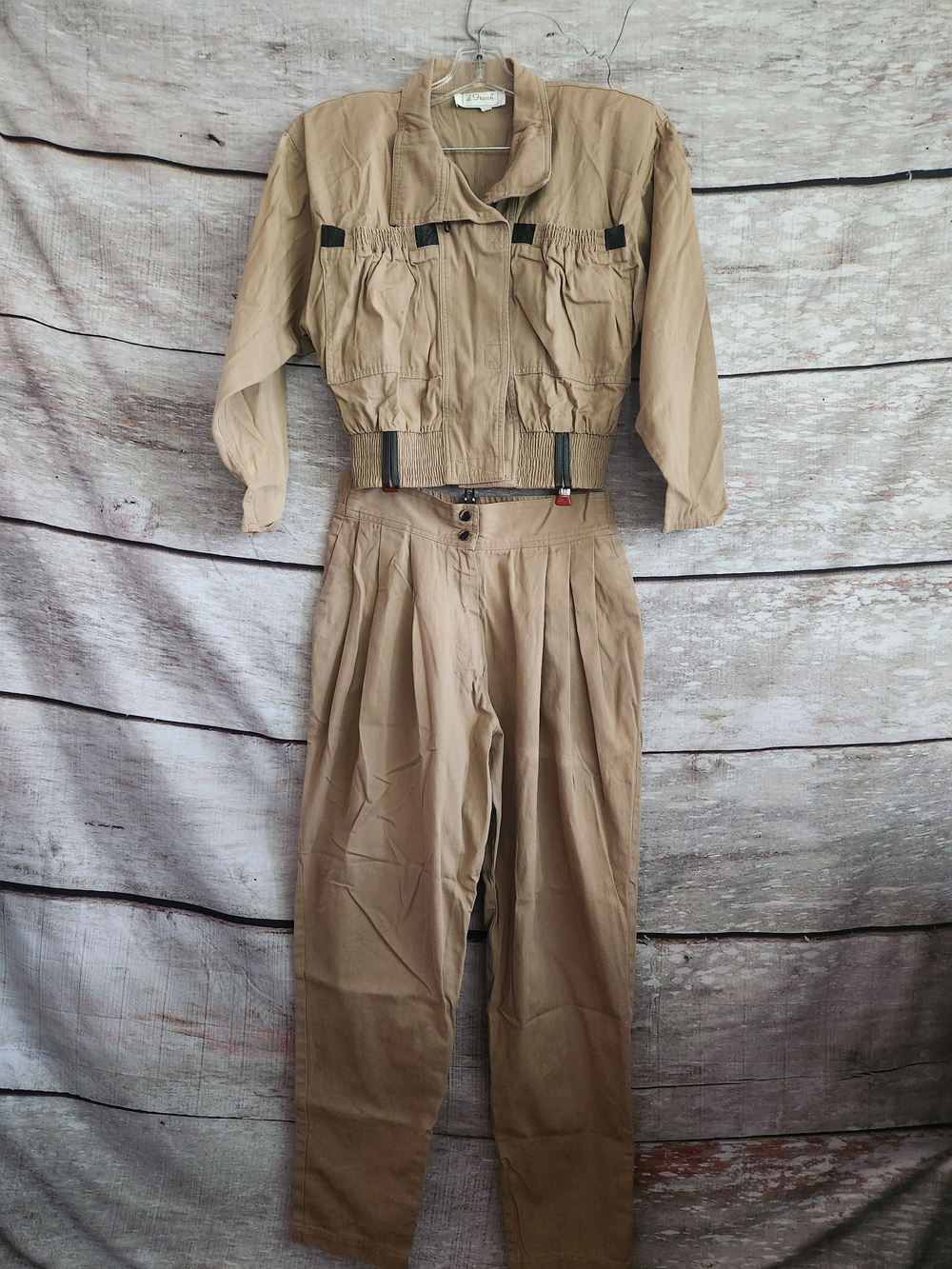 Retro Women's Tan Utility High-Waist Pants & Cropped Jacket Set